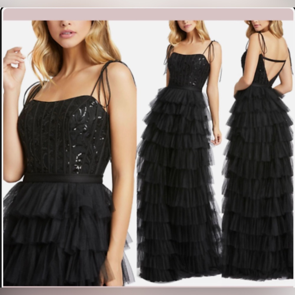 MAC DUGGAL Sequin Bustier Tier Tulle Gown  2‎ Maxi Dress Black